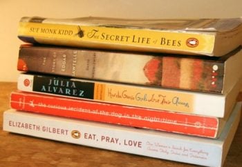 a stack of books on a wooden table