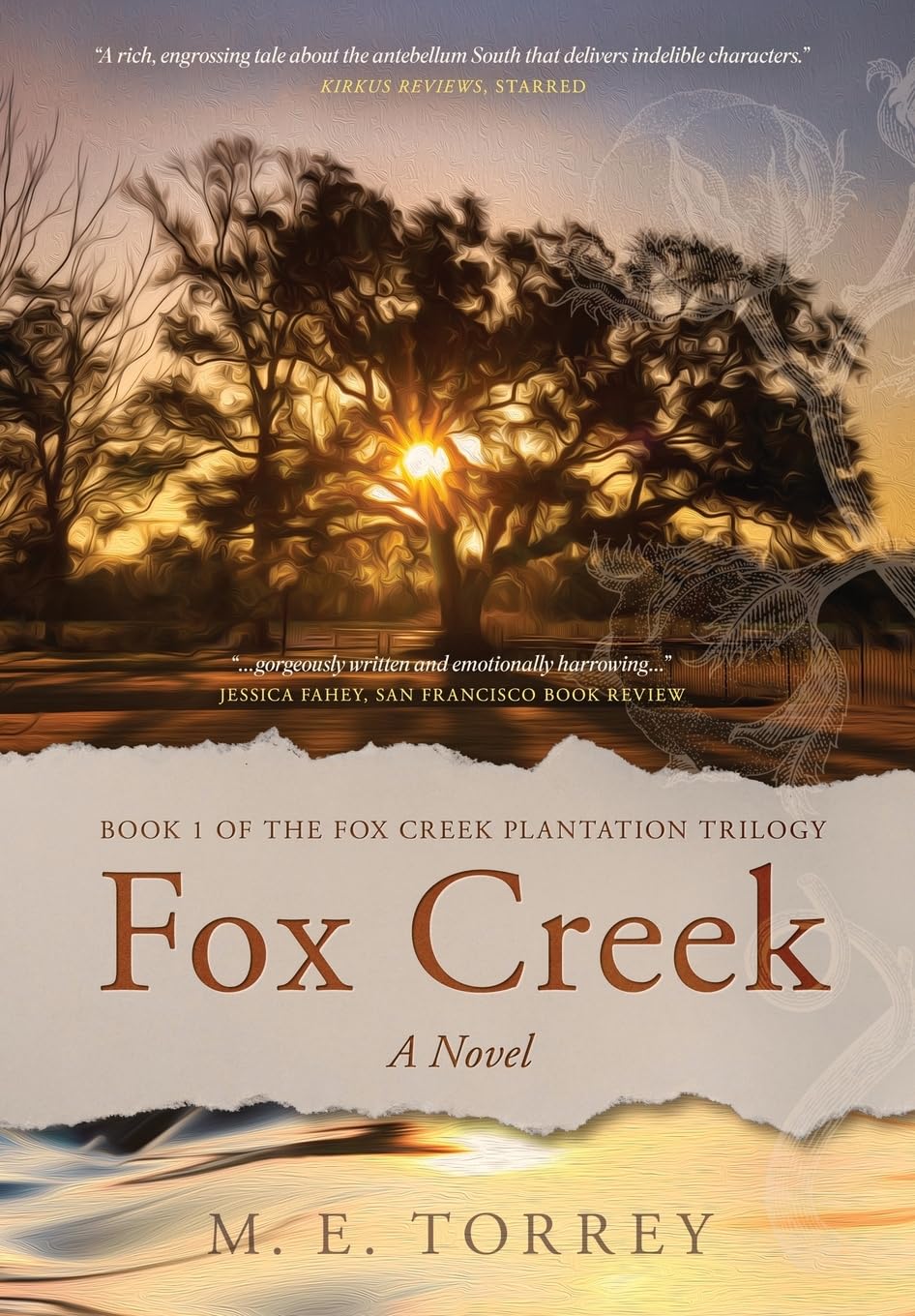 A novel-inspired book cover featuring a tree and the warm glow of the sun, perfect for fans of FOX CREEK.