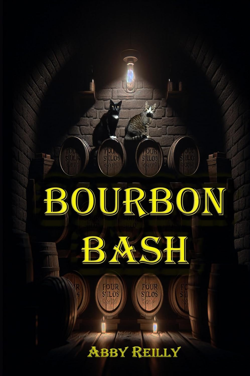 Two cats sit atop bourbon barrels in a dimly lit cellar with an arched brick ceiling. The barrels are labeled Four Silos 2017. Large yellow text reads BOURBON BASH, celebrating this lively bourbon event with Abby Reilly at the bottom.