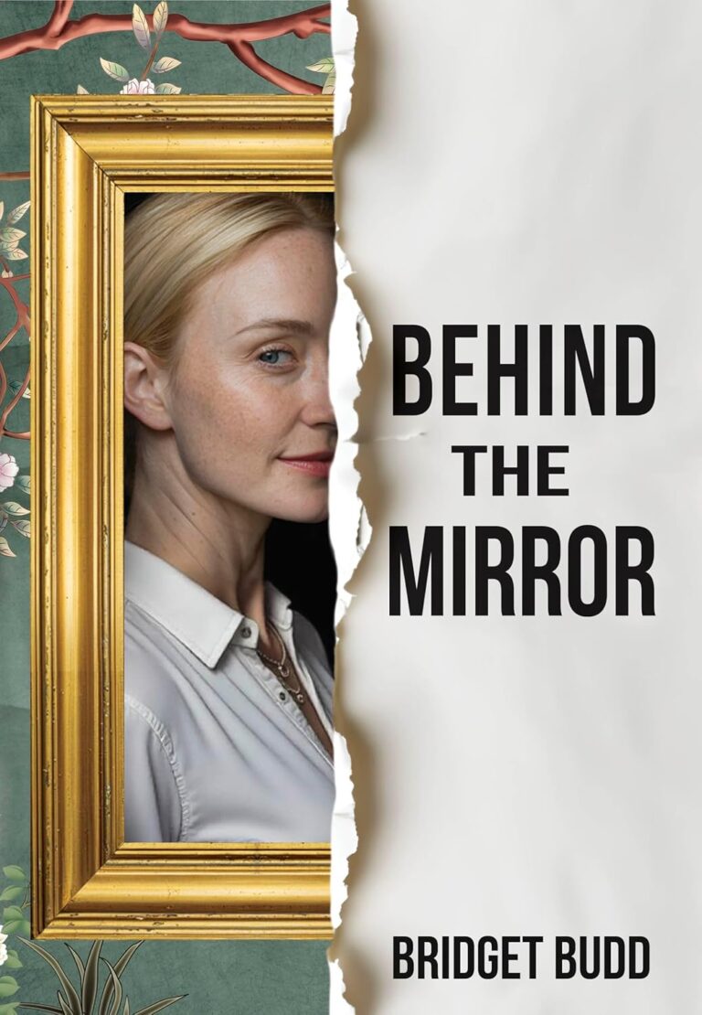 A torn image reveals a gold-framed portrait of a blonde woman with blue eyes on the left, while the book title Behind The Mirror and author BRIDGET BUDD appear in bold black text on the right.