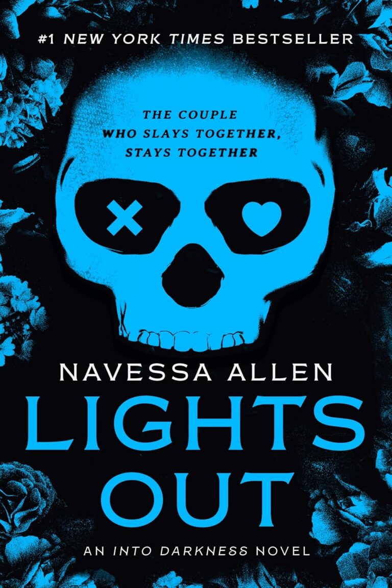 Book cover for Lights Out by Navessa Allen. Features a blue skull with an X and heart for eyes, surrounded by blue roses on a black background. Tagline: The couple who slays together, stays together—a true team building tale.