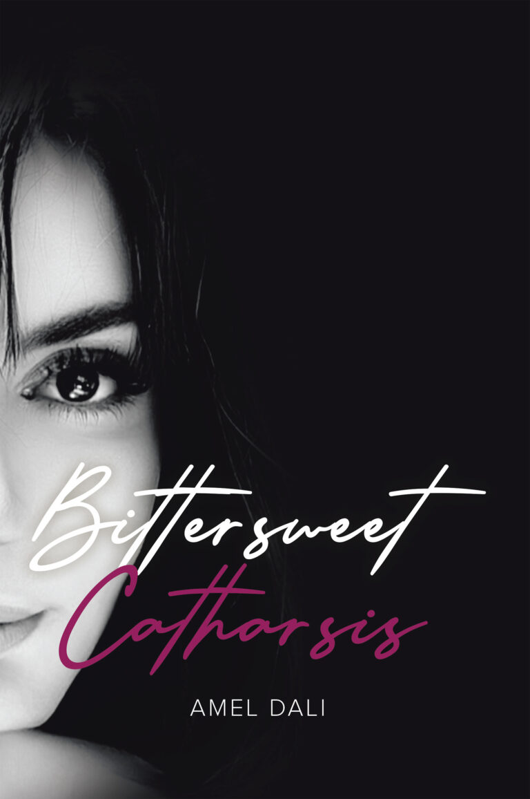 Book cover for Bittersweet Catharsis by Amel Dali, featuring a close-up of a womans face on the left, bathed in bittersweet, dramatic lighting, with bold, cursive white and purple title text on a black background.
