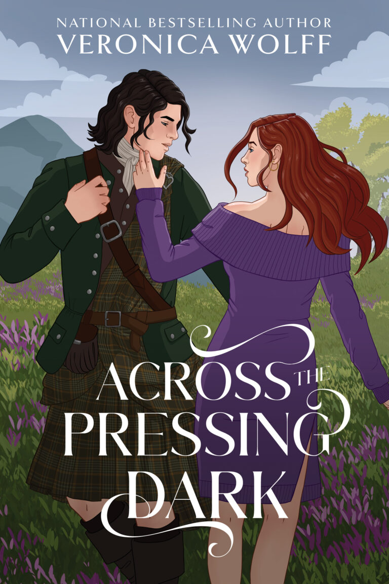 Illustrated book cover for Across the Pressing Dark shows a man in a green kilt and a woman in a purple dress gazing at each other amid purple flowers, with mountains and trees beneath the pressing dark sky stretching above.