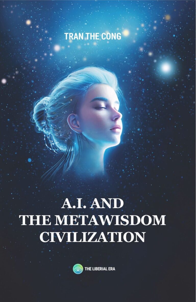 Book cover for A.I. and the Metawisdom Civilization by Tran The Cong. It features a serene, futuristic woman with blue hair beside a glowing, starry light trail on a cosmic background, embodying the spirit of Metawisdom civilization.