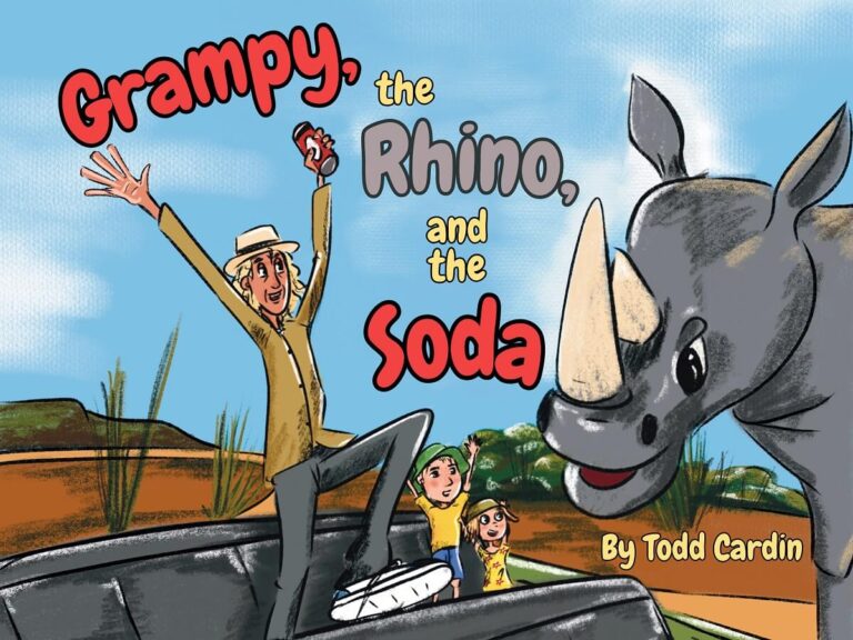 Illustrated book cover shows Grampy holding The Soda, standing on a jeep with two smiling children beside him as The Rhino approaches. The title reads Grampy, the Rhino, and the Soda by Todd Cardin.