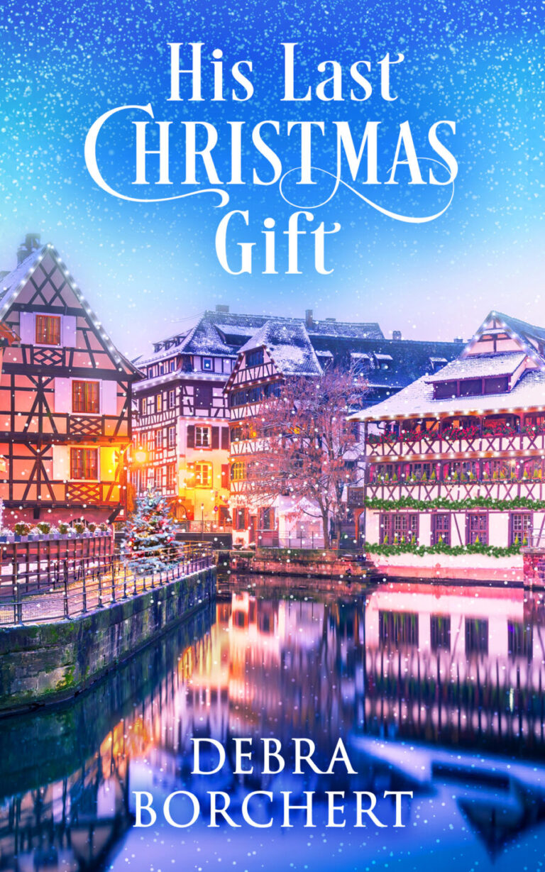 Book cover for His Last Christmas Gift by Debra Borchert, featuring a snowy European village with half-timbered houses, glowing windows, and a canal reflecting the magical winter scene beneath a twilight sky.