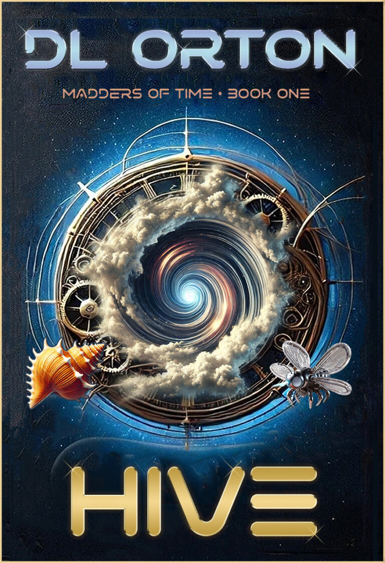 Book cover for Hive: Madders of Time - Book One by DL Orton, featuring a swirling vortex at the center of a steampunk clock, surrounded by clouds, a conch shell, and a mechanical bee on a dark background.