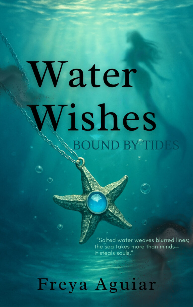 Book cover for Water Wishes: Bound by Tides by Freya Aguiar features a starfish pendant with a blue gem, suspended underwater. Soft light filters down as a faint, shadowy figure lingers in the background. Bound by Tides glimmers at the bottom right.