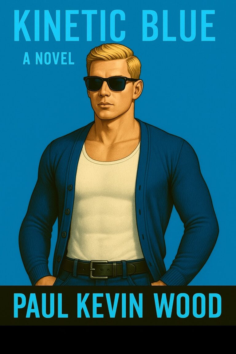Book cover for Kinetic Blue: A Novel by Paul Kevin Wood, featuring a muscular man with blond hair and sunglasses, wearing a blue jacket and white shirt, set against a striking blue background.