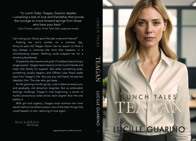 A book cover featuring Teagan, a confident blonde woman in a button-up blouse, standing in a modern office. The cover highlights Lunch Tales: Teagan by Lucille Guarino, with the synopsis and quotes featured on the back.