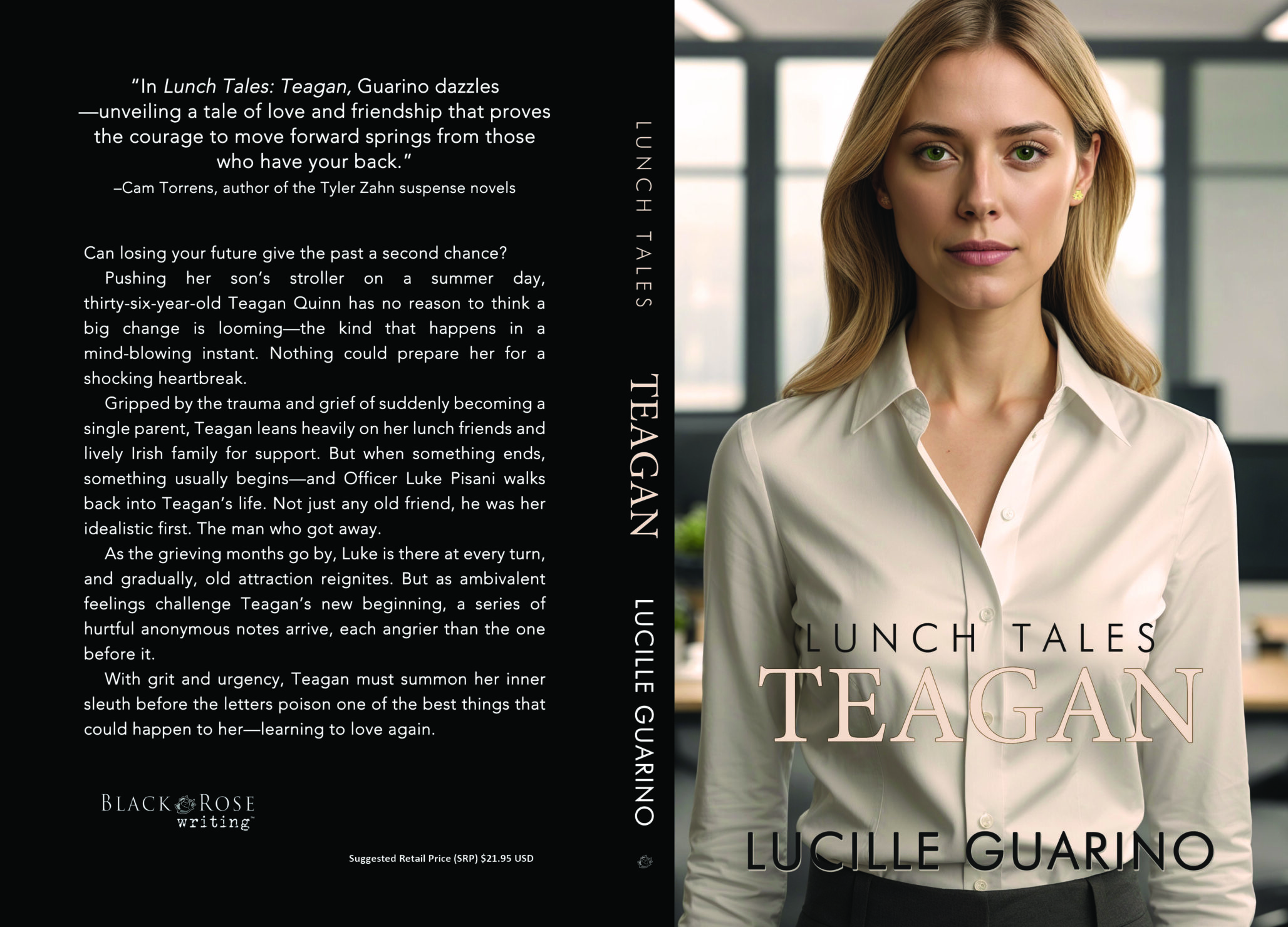 A book cover featuring Teagan, a confident blonde woman in a button-up blouse, standing in a modern office. The cover highlights Lunch Tales: Teagan by Lucille Guarino, with the synopsis and quotes featured on the back.