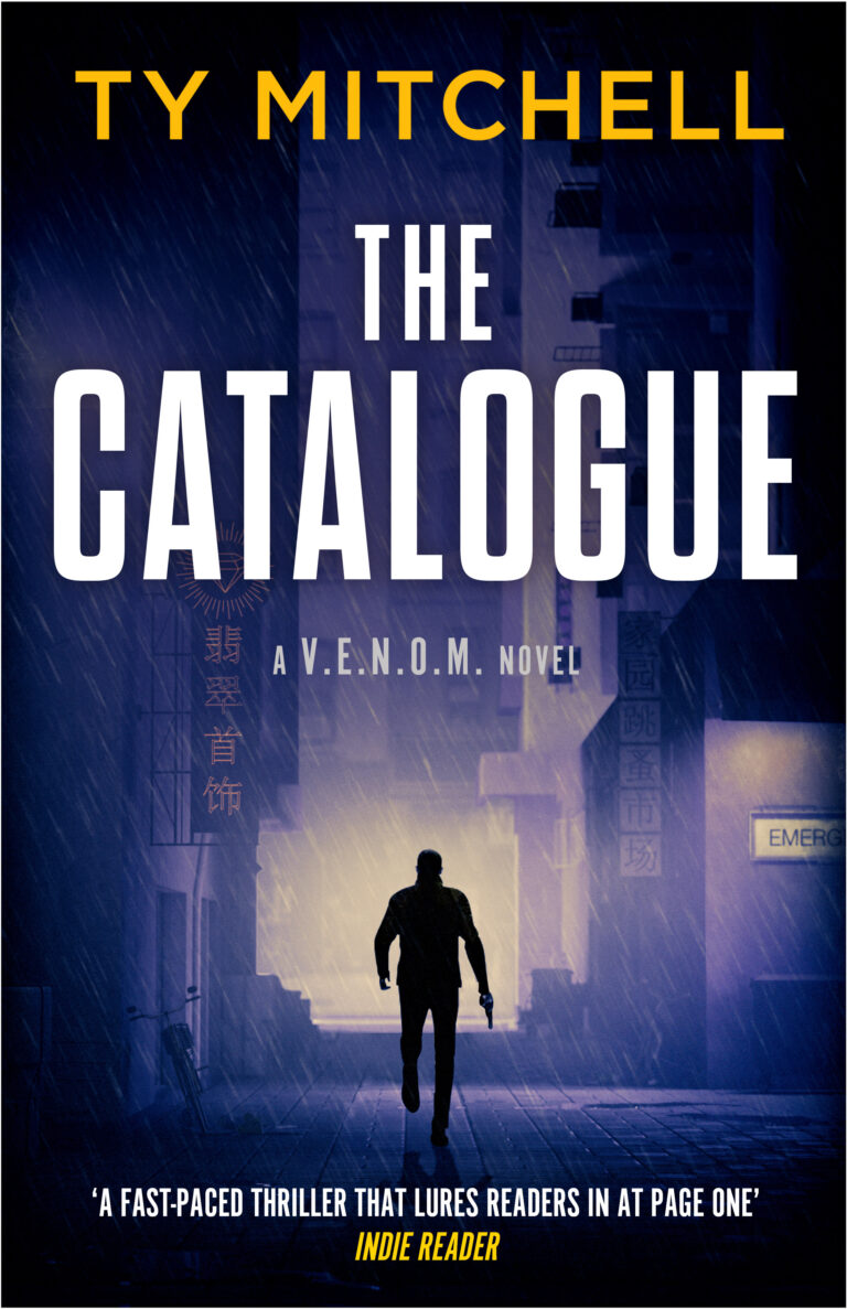 Book cover for The Catalogue by Ty Mitchell. A silhouette of a man holding a gun walks down a dark, rain-soaked city street at night, illuminated by the neon glow&mdash;mystery shadows gather in this V.E.N.O.M. Catalogue thriller. Tagline: A V.E.N.O.M. Novel.