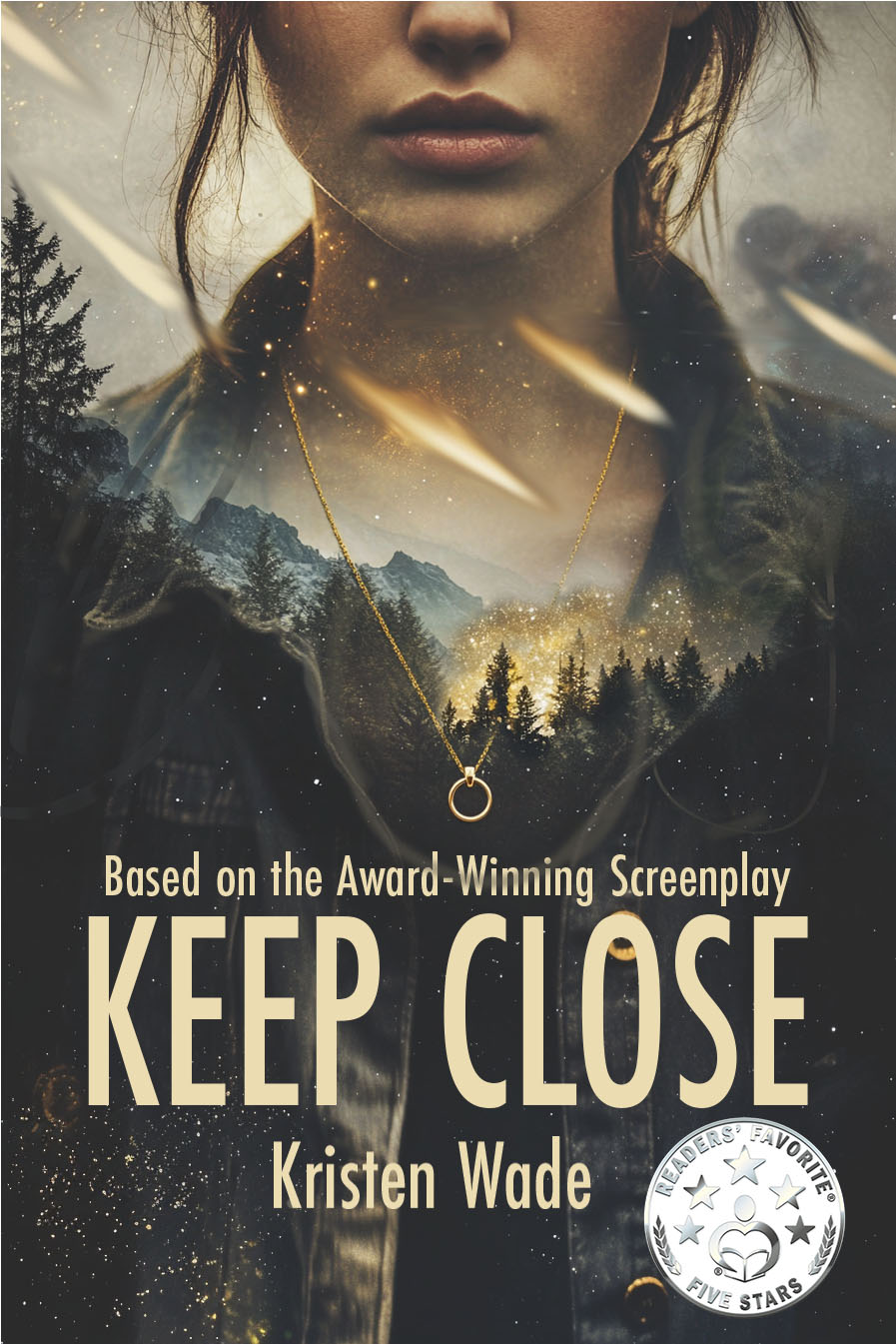 A close-up of a woman wearing a pendant necklace, with a forest and mountain scene blended into her chest. Golden lights streak across the image. The book title “KEEP CLOSE” and author “Kristen Wade” appear at the bottom.
