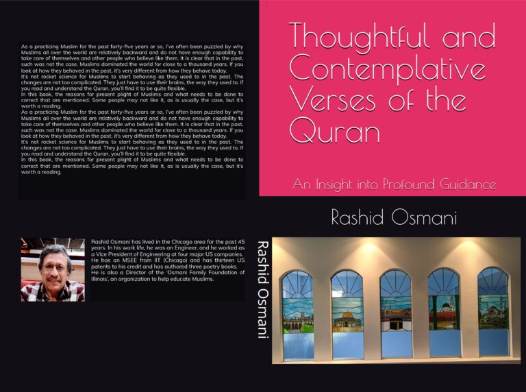 Book cover titled Thoughtful and Contemplative Verses of the Quran by Rashid Osmani, featuring a pink-themed title, author bio, and five arched windows revealing scenic landscapes—a perfect homage to the Quran's thoughtful teachings.