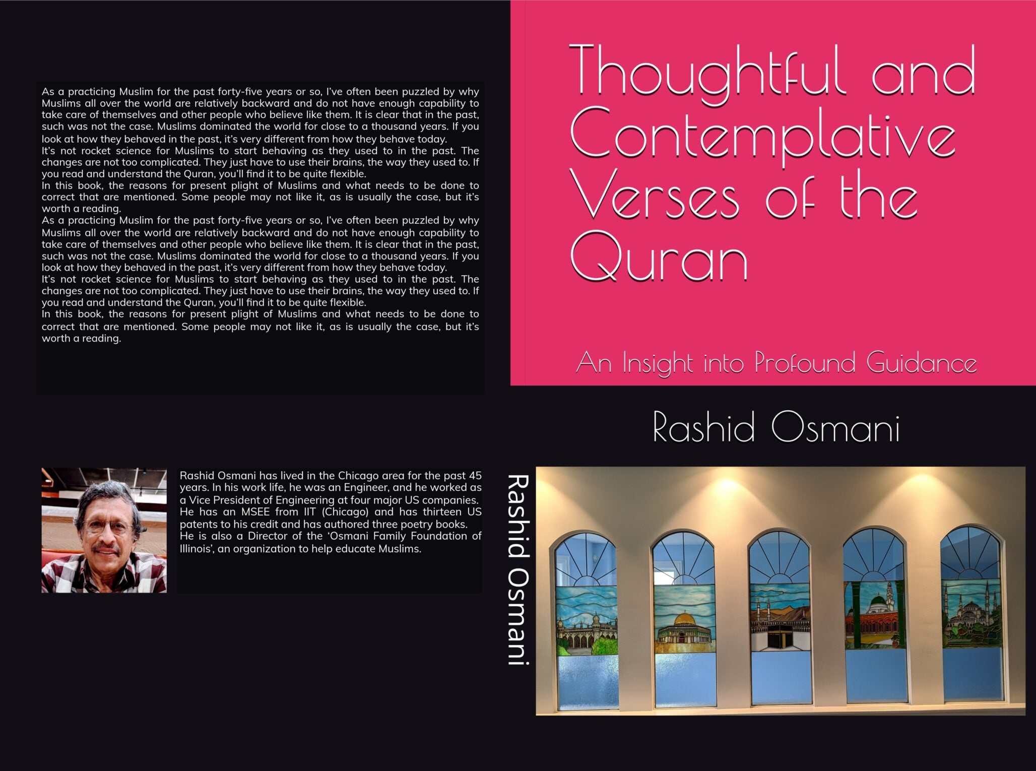Book cover titled Thoughtful and Contemplative Verses of the Quran by Rashid Osmani, featuring a pink-themed title, author bio, and five arched windows revealing scenic landscapes—a perfect homage to the Quran's thoughtful teachings.