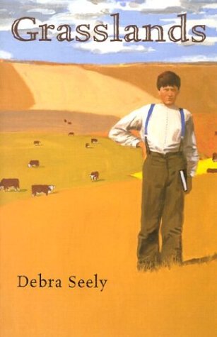 Book cover for Grasslands by Debra Seely, featuring a boy in old-fashioned clothes standing in a grassy field with cows and rolling hills beneath an Onyx Storm sky scattered with dramatic clouds.