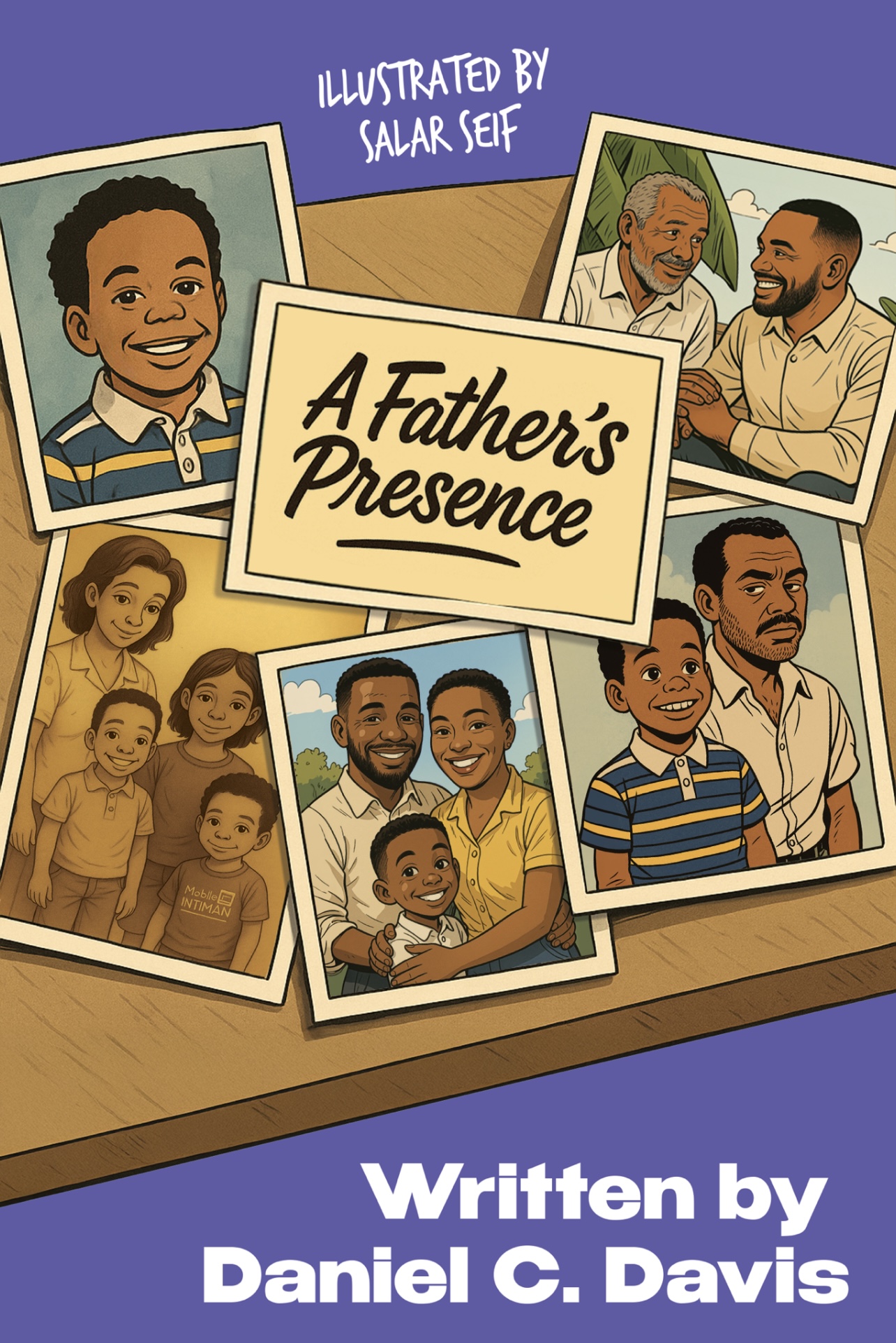 A book cover shows family photos of Black fathers and children smiling together around a sign reading A Father’s Presence, beautifully celebrating fatherhood. The book is illustrated by Salar Seif and written by Daniel C. Davis.