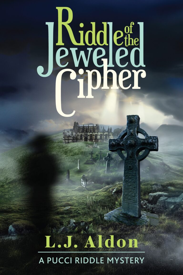 Book cover for Riddle of the Jeweled Cipher by L.J. Aldon, featuring a Celtic cross gravestone in a misty, green landscape with a shadowy figure and an old stone building&mdash;hinting at secrets behind the jeweled cipher.