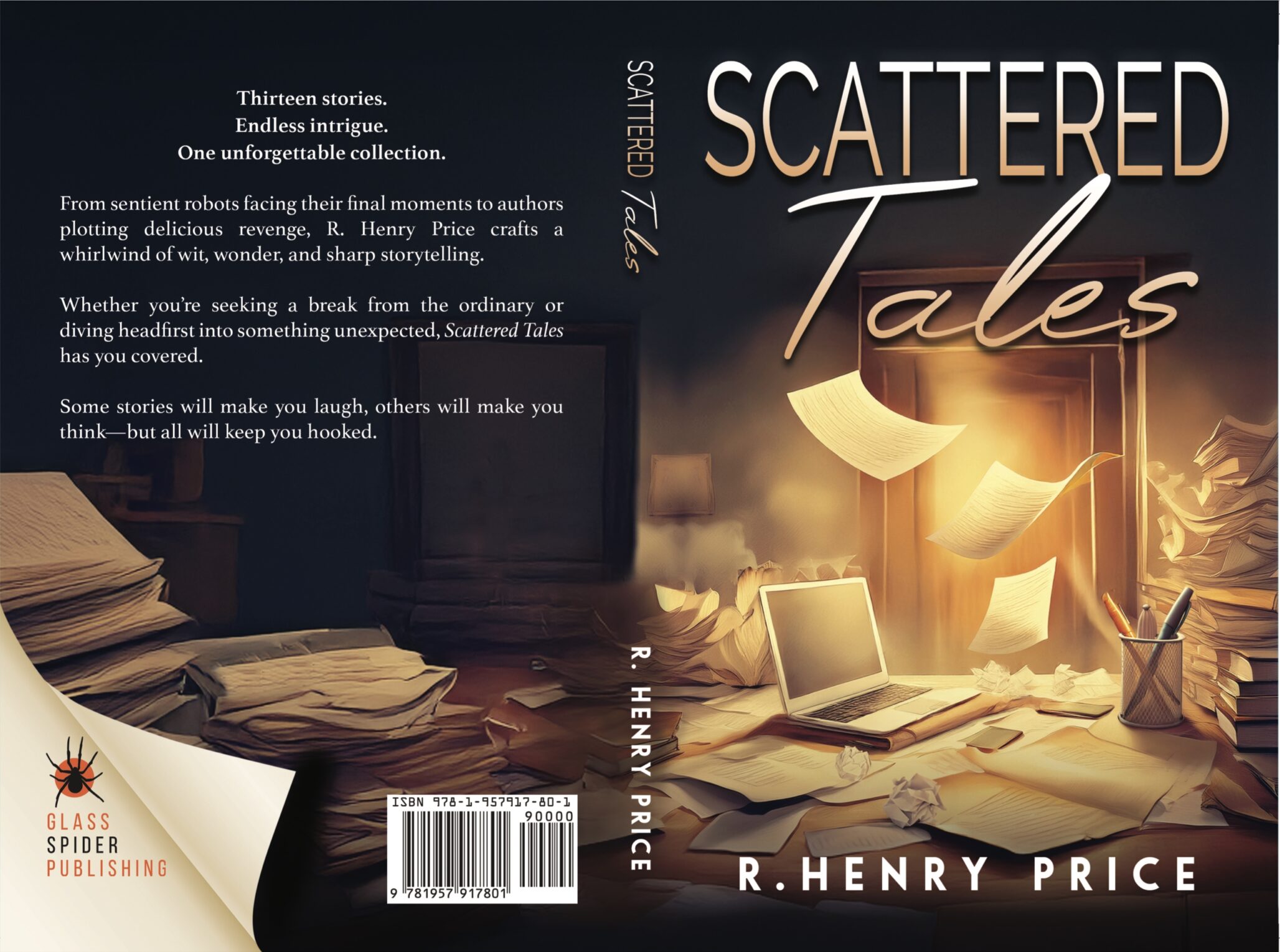 A book cover for Scattered Tales by R. Henry Price features a messy desk with open books, scattered papers, a typewriter, and a glowing desk lamp. The warm, inviting background sets the scene. Published by Glass Spider Publishing.
