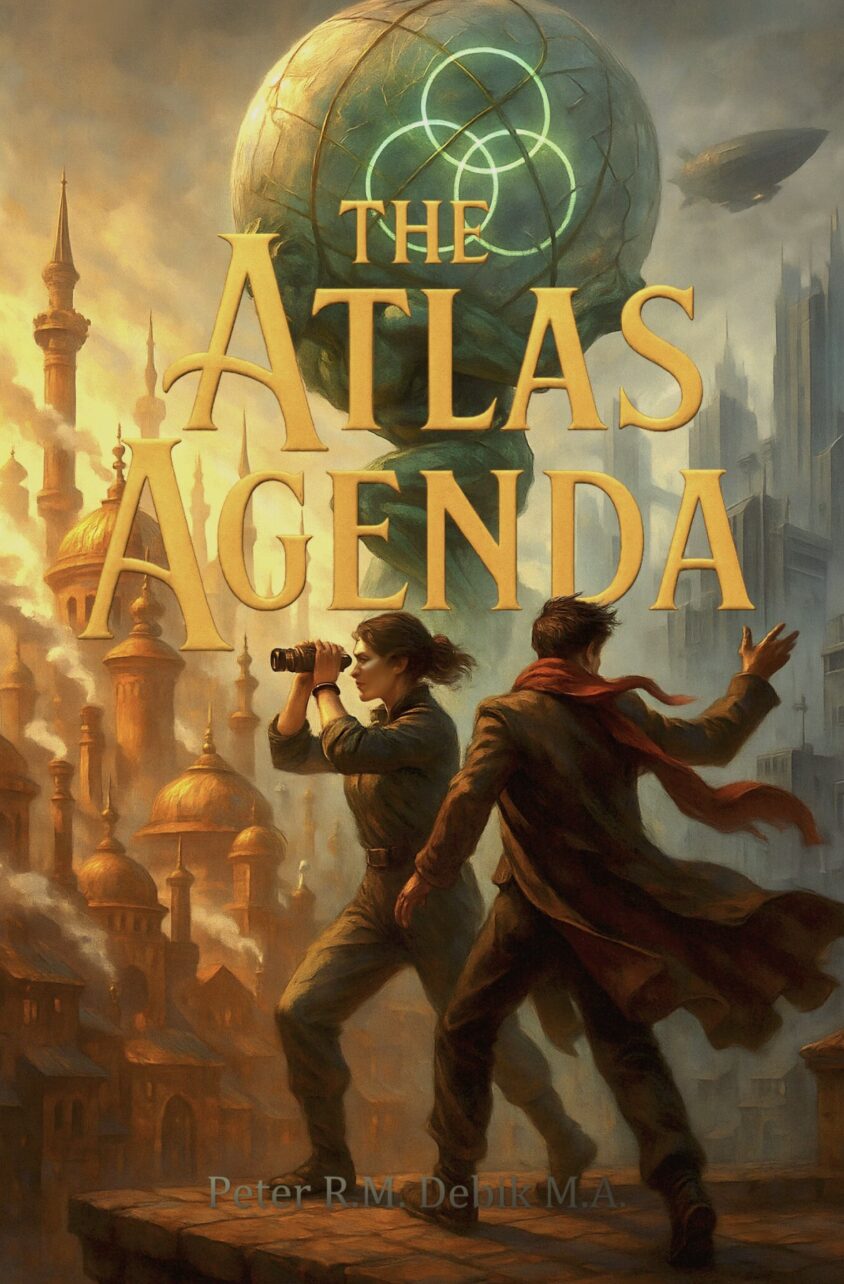 A woman with binoculars and a man with a scarf stand on a rooftop in a fantastical city. Inspired by Joshua Ericson's advice—"Write like no one’s in the room"—they gaze at golden domes, spires, and an airship beneath The Atlas Agenda title.