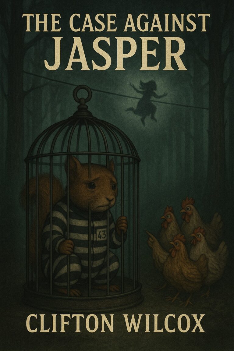 A book cover titled The Case Against Jasper by Clifton Wilcox shows a sad squirrel named Jasper in a cage wearing prison stripes, watched by three chickens in a dark, misty forest. A shadowy figure rides a broomstick in the background.
