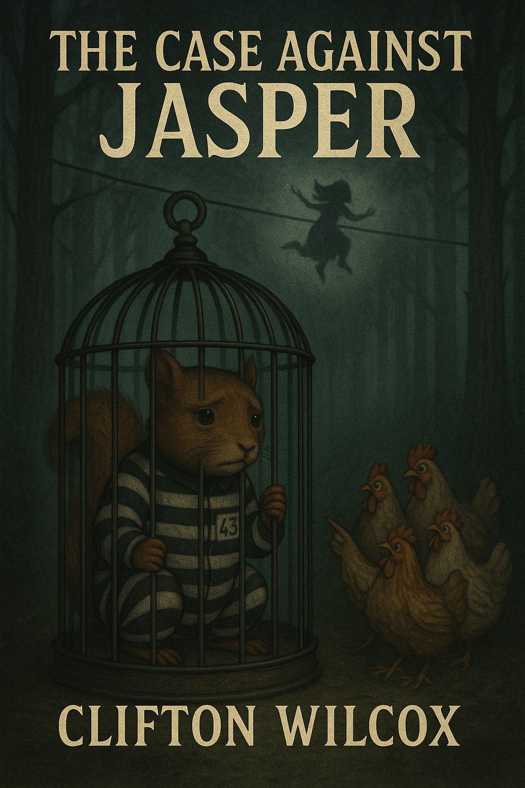 A book cover titled The Case Against Jasper by Clifton Wilcox shows a sad squirrel named Jasper in a cage wearing prison stripes, watched by three chickens in a dark, misty forest. A shadowy figure rides a broomstick in the background.