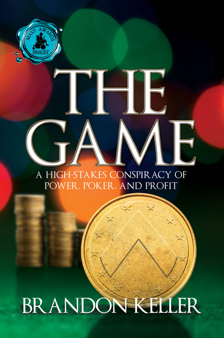 Book cover for The Game by Brandon Keller, featuring a large gold coin, poker chips stacked in the background, colorful blurred lights, and a blue award finalist badge in the top left corner.