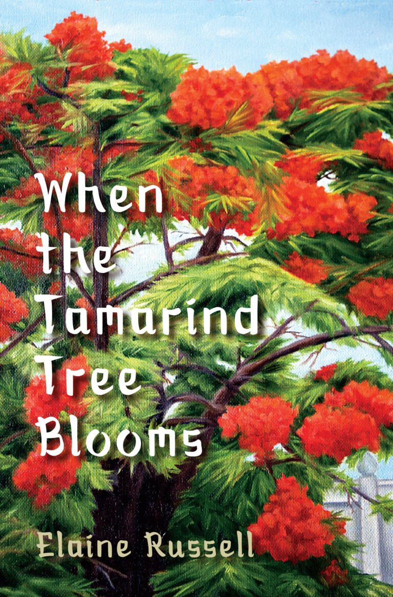 Book cover showing a blooming tamarind tree with bright red-orange flowers and green leaves against a blue sky. The title reads When the Tamarind Tree Blooms and the author is Elaine Russell.