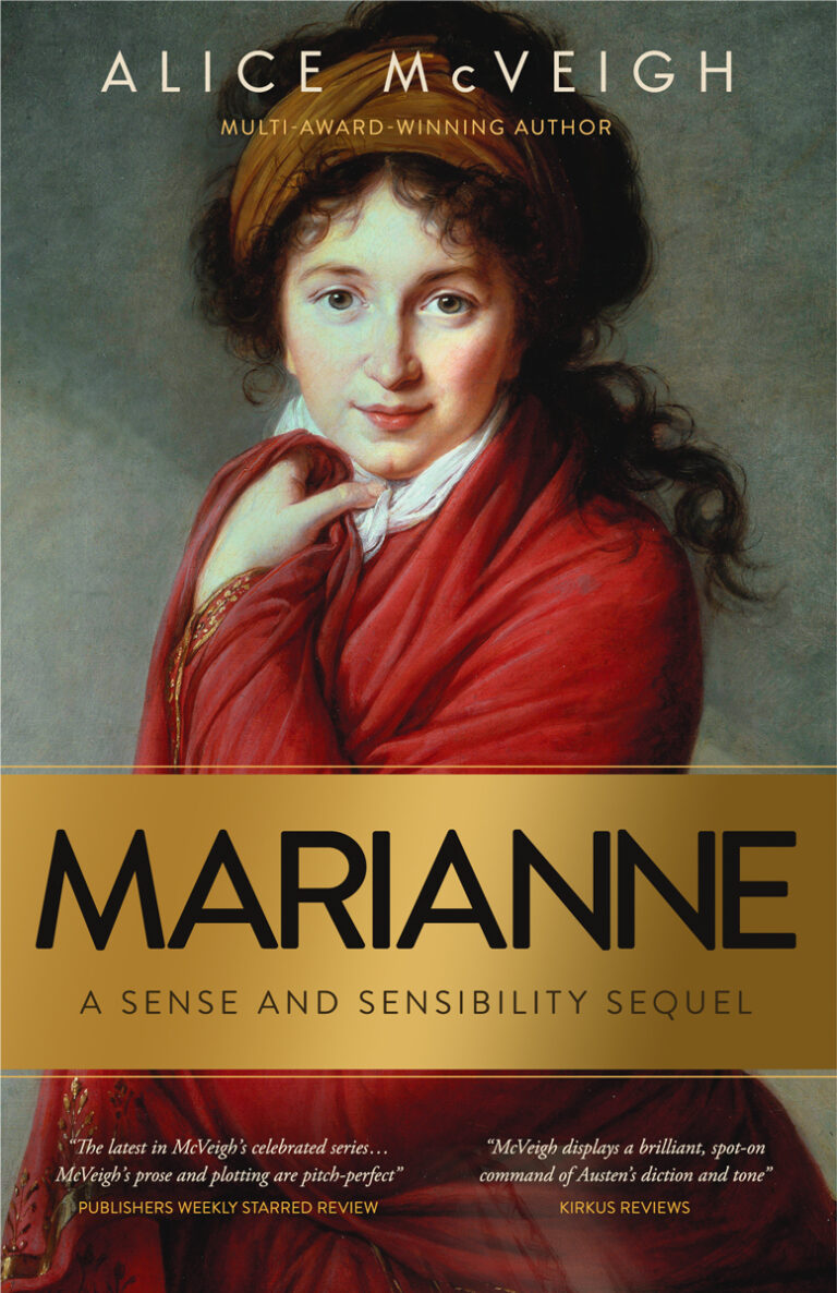 Book cover for Marianne: A Sense and Sensibility Sequel by Alice McVeigh. Inspired by Jane Austen, it features a painted portrait of Marianne in a red shawl and yellow headscarf, set against a gray background.