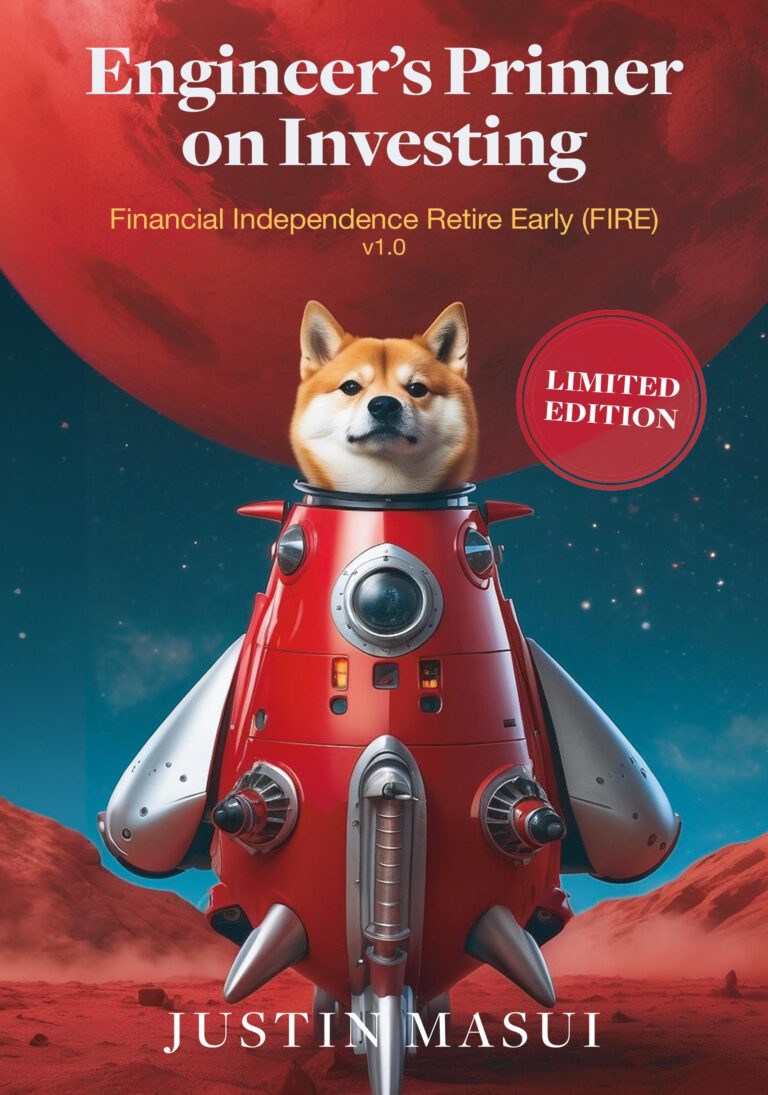 Book cover titled Engineers Primer on Investing features a Shiba Inu dog in a red rocket suit against a Mars-like background, with LIMITED EDITION, Justin Masui, and clever nods to engineer-focused investing strategies.