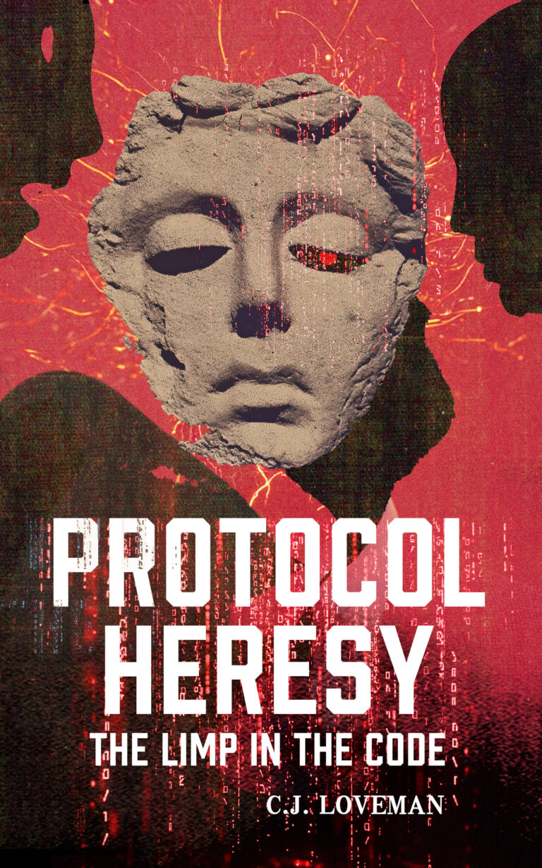 Book cover for Protocol Heresy: The Limp in the Code by C.J. Loveman, featuring a fragmented stone face layered with digital code and circuitry patterns on a bold red background, hinting at the mysteries within Protocol Heresy.