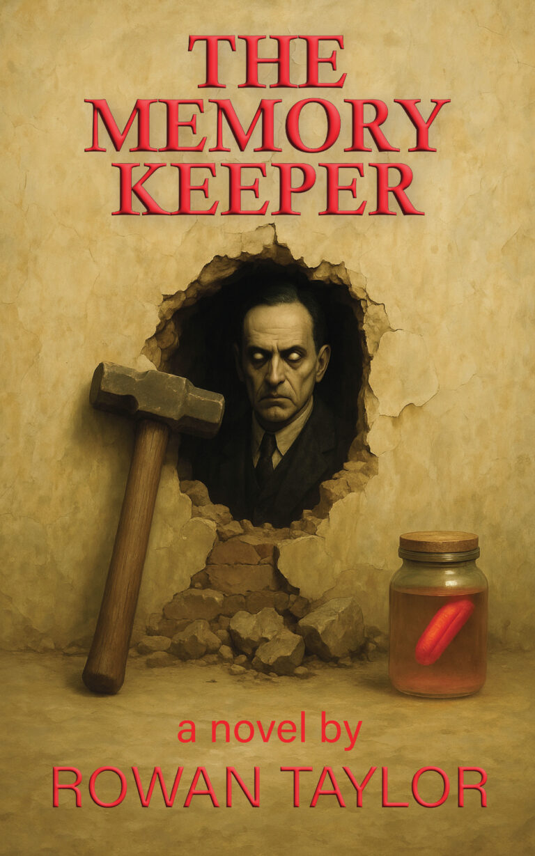A book cover shows a man’s serious face peering through a jagged hole in a wall. A large hammer leans against the opening, and a glass jar holding a red capsule sits nearby. The title, Memory Keeper by Rowan Taylor, commands attention.