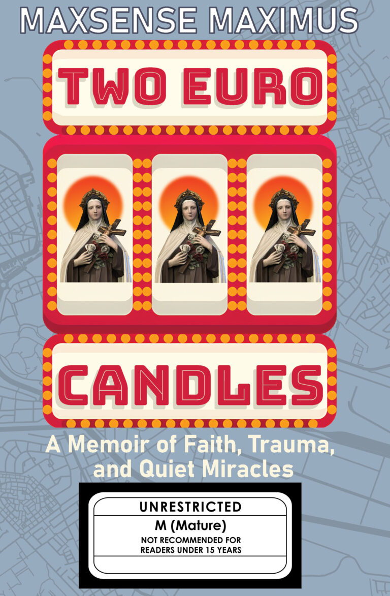 Book cover for Two Euro Candles by Maxsense Maximus, featuring three candle images with a saint, bright marquee lights, and a content warning for mature readers under the subtitle A Memoir of Faith, Trauma, and Quiet Euro Candles Miracles.