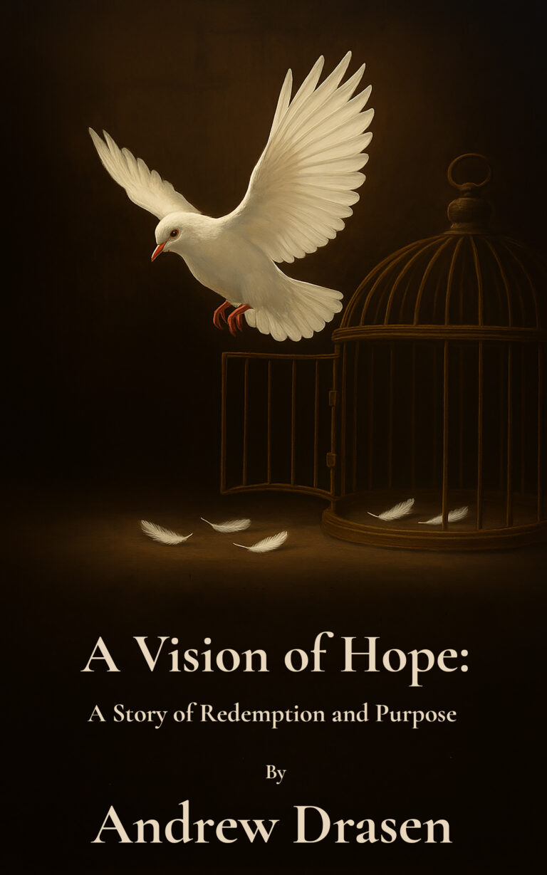 A white dove flies out of an open birdcage, feathers scattered below, symbolizing redemption. This image graces the cover of A Vision of Hope: A Story of Redemption and Purpose by Andrew Drasen.