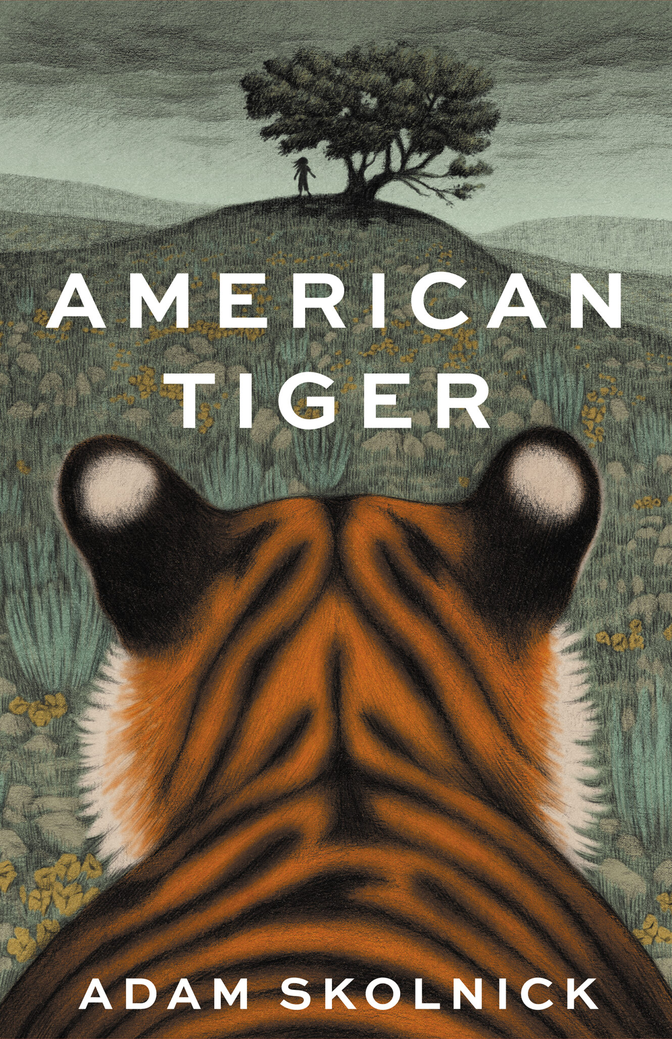 A tiger, seen from behind, gazes across a field of yellow flowers toward a distant hill, evoking the spirit of the American Tiger. The book title American Tiger and author Adam Skolnick are overlaid.