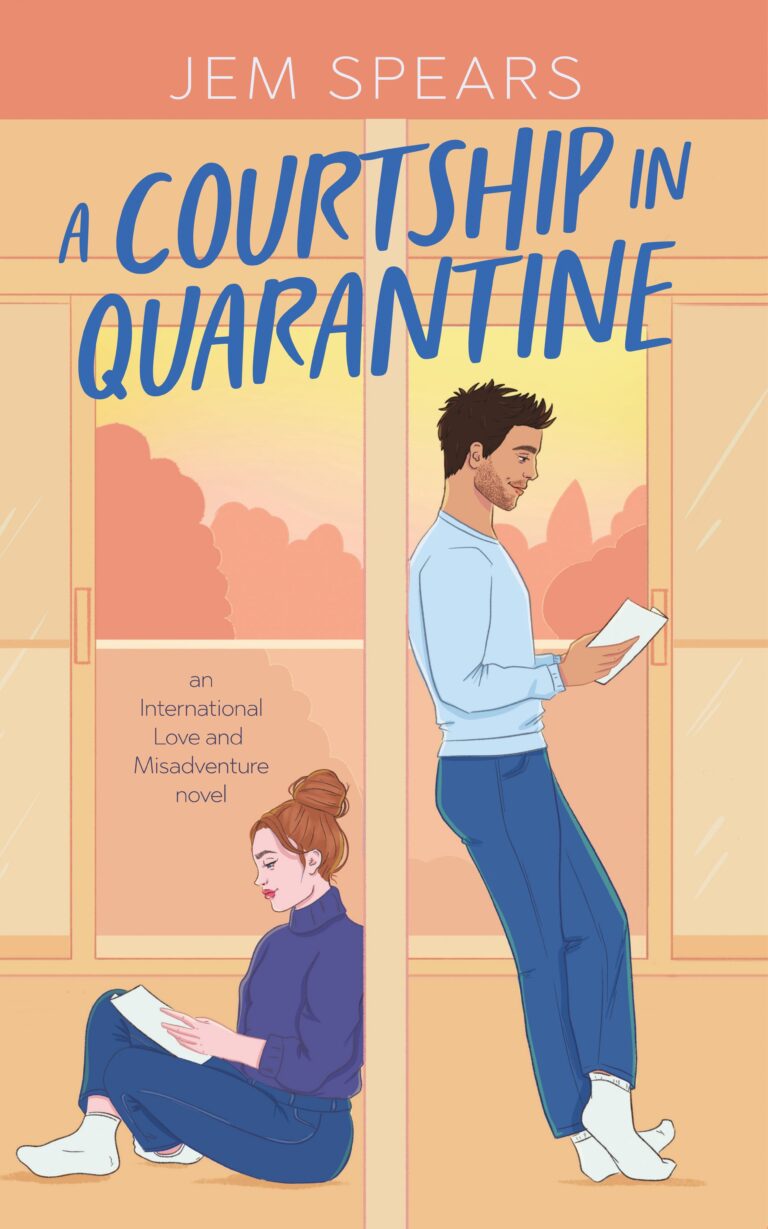 Illustrated book cover for Courtship in Quarantine by Jem Spears features a woman seated and a man standing back-to-back on opposite sides of a glass door, both deeply engrossed in reading books.