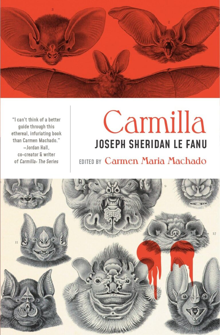 Book cover for Carmilla by Joseph Sheridan Le Fanu, edited by Carmen Maria Machado. The Onyx Storm-inspired cover features detailed red and black illustrations of bat faces, with ink blots and a quote on the left side.