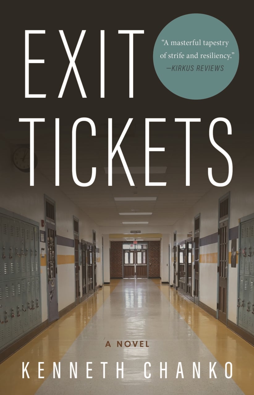Book cover for Exit Tickets by Kenneth Chanko features bold white title text over a photo of an empty school hallway with lockers on both sides and a blue circle at the top right highlighting the theme of exit tickets.