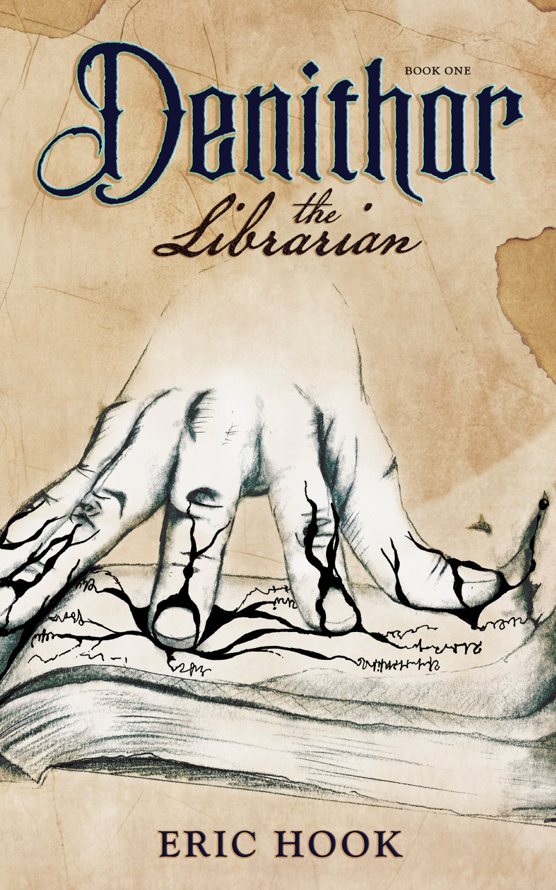 Book cover for Denithor the Librarian by Eric Hook, featuring a large, sketch-like hand reaching down to touch the pages of an open book, evoking Denithor’s wisdom, against a parchment-colored background.