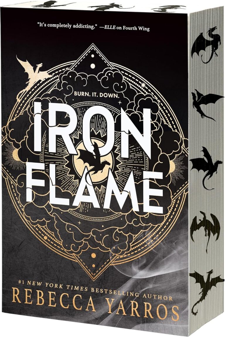 The image shows the book Iron Flame by Rebecca Yarros. The cover features bold white text, a dark ornate design with fire and dragon motifs, and silhouettes of dragons along the page edges—perfect for fans eagerly awaiting Onyx Storm.