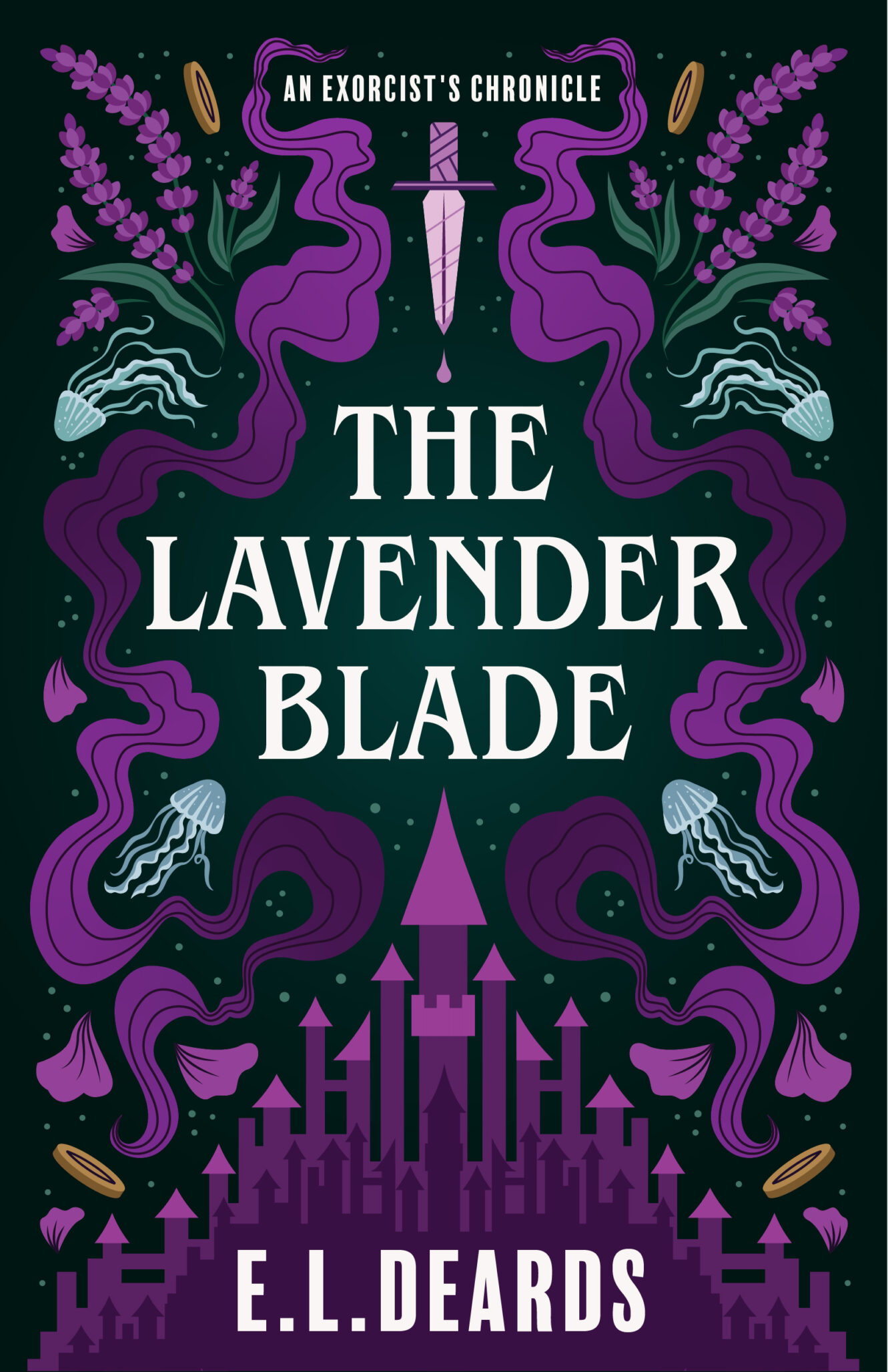 Book cover for The Lavender Blade by E.L. Deards. Features a striking lavender blade, sprigs of lavender, ethereal jellyfish, and a castle silhouette with ornate purple designs on a dark background. Text reads An Exorcist’s Chronicle.