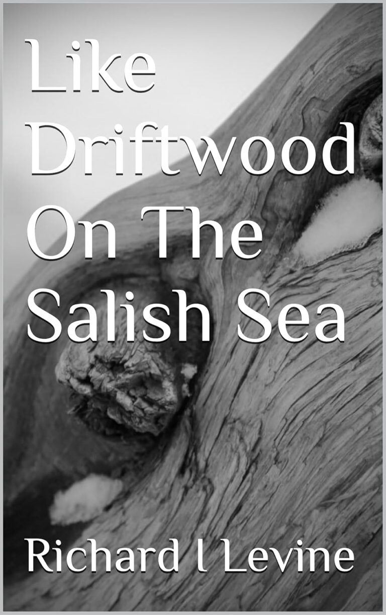 Black and white book cover with a close-up of driftwood and patches of snow, evoking the rugged beauty of the Salish Sea. Large white text reads, Like Driftwood On The Salish Sea. Author&rsquo;s name, Richard I Levine, appears at the bottom.