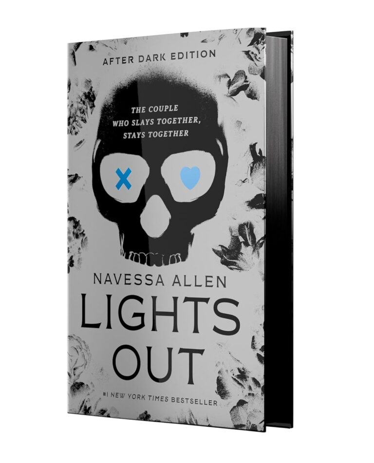 A book titled Lights Out by Navessa Allen features a black skull with one blue X eye and one blue heart eye on the cover, surrounded by faded flowers and the tagline The couple who slays together, stays together.