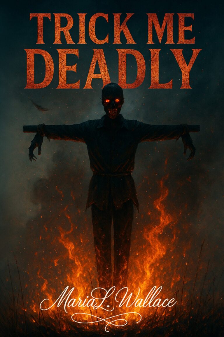 A sinister scarecrow with glowing eyes and mouth stands in flames beneath the title Trick Me Deadly. The author's name, Maria L. Wallace, is written below in cursive, heightening the dark and eerie atmosphere of Trick Me Deadly.
