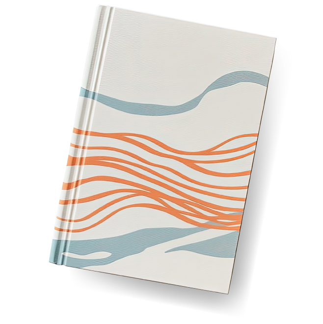 A hardcover book with a minimalist design featuring blue and orange wavy lines on a white background. The cover has no visible text or title.