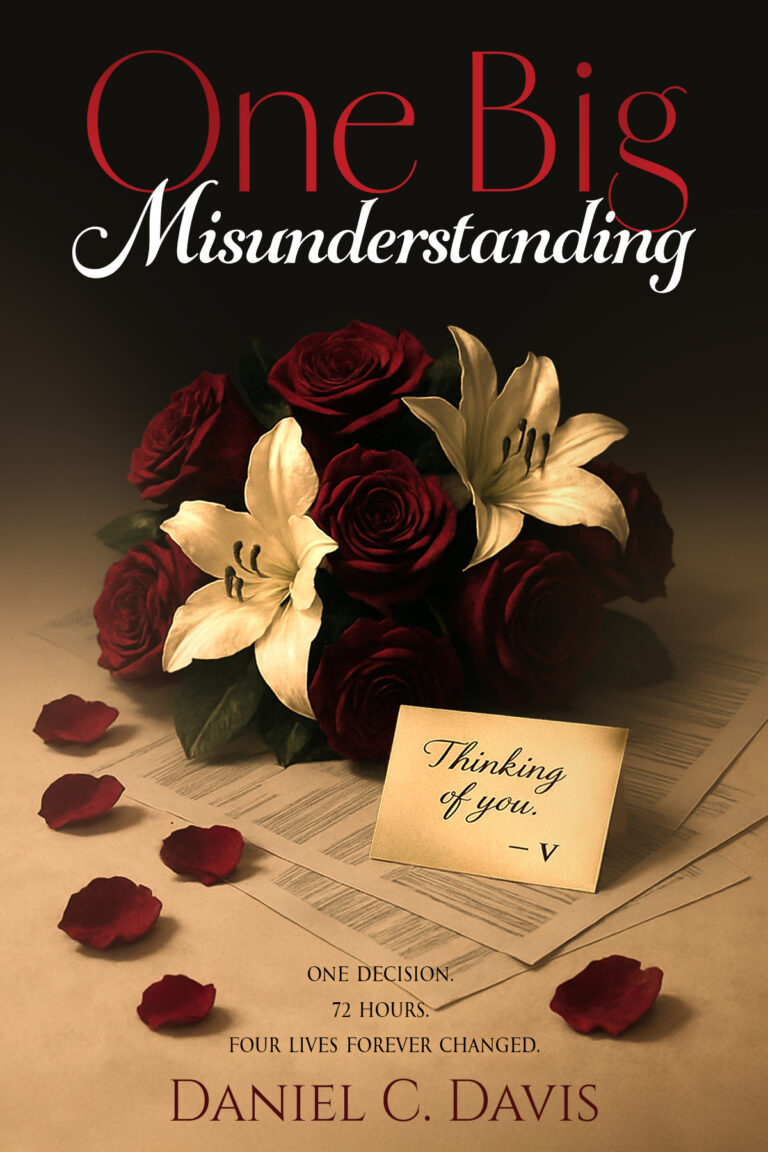 A bouquet of red roses and white lilies with a card that says Thinking of You – V sits on a table scattered with rose petals. Above and below, the book title One Big Misunderstanding by Daniel C. Davis is elegantly displayed.