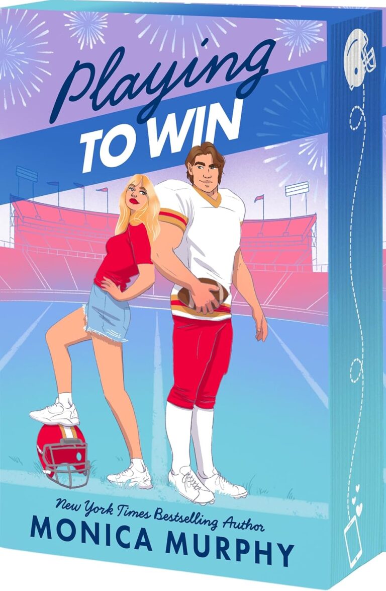 Illustrated book cover of Playing to Win by Monica Murphy, featuring a smiling blonde woman in casual clothes and a football player on a stadium field. Fireworks burst in the background as they share a moment, building solidarity on and off the field.