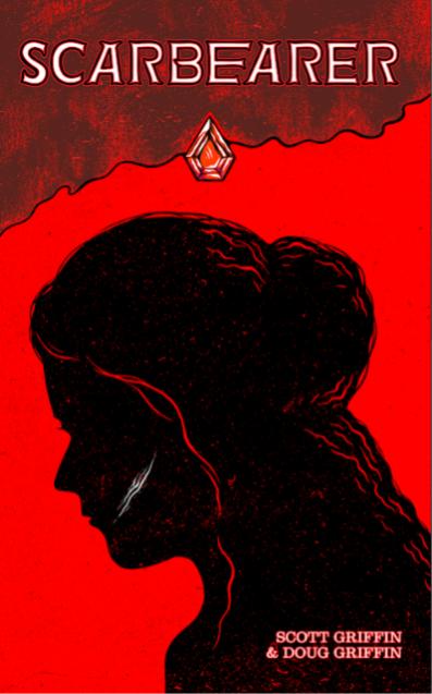 A book cover with a red background features the title SCARBEARER at the top, an angular gem shape below it, and a black silhouette of a woman&rsquo;s head in profile with a white scar on her cheek. Authors&rsquo; names are at the bottom right.