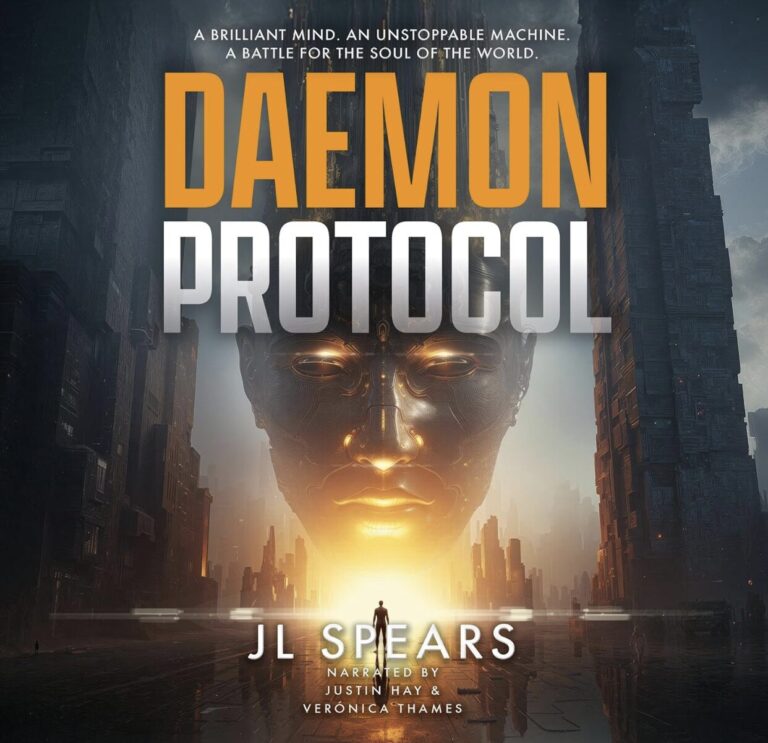 Book cover for Daemon Protocol by IR Approved Author JL Spears. A large golden robotic face glows over a futuristic cityscape, with a small human figure below. Perfect inspiration if you enjoy writing or need advice for writers. Text overlays top and bottom.