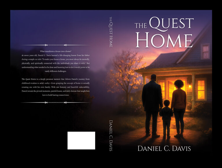 A man, woman, and child stand hand-in-hand facing a warmly lit house at sunset, trees and a soft glow in the background. The book title Quest Home by Daniel C. Davis is clearly displayed on the cover.